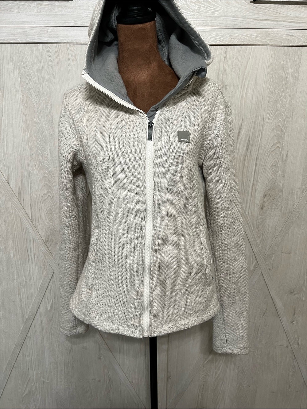 Bench Oatmeal Melange Full Zip Fleece Lined Knit Hoodie size medium